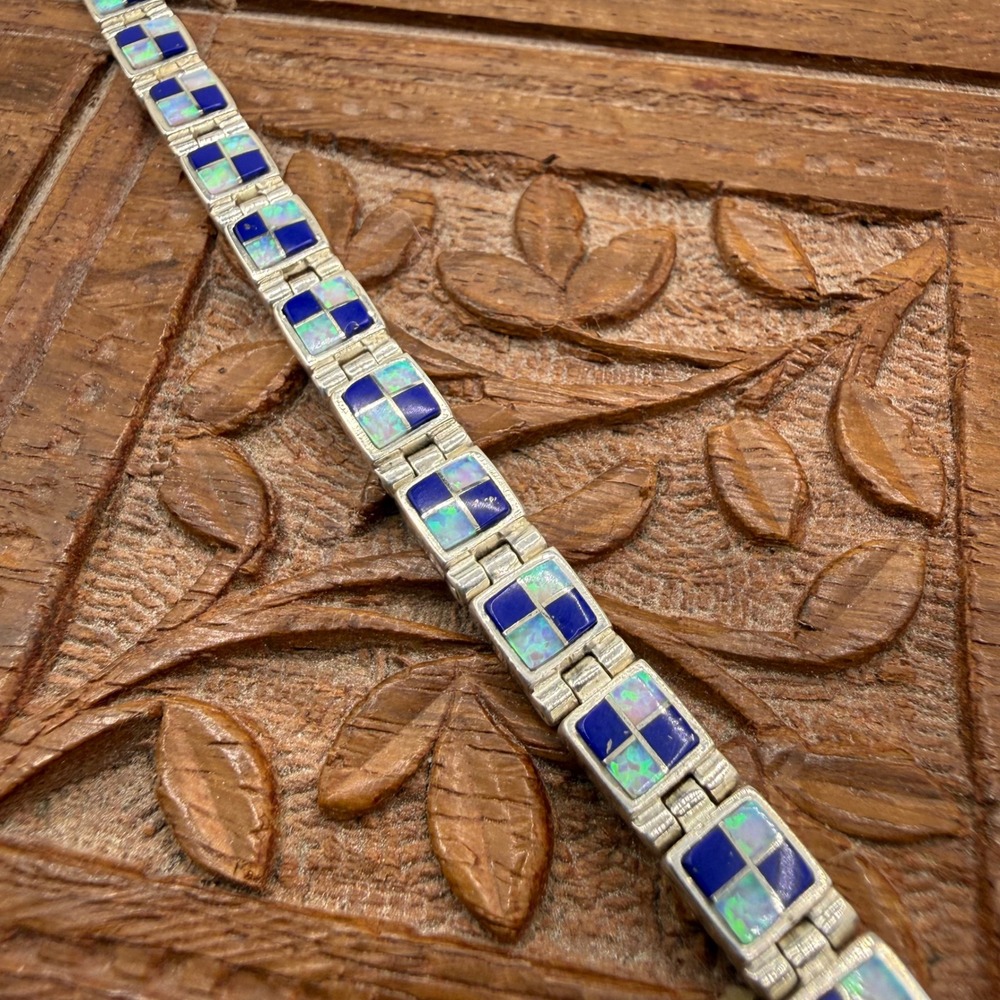 Sterling Silver Blue Opal and Lapis Checker Square Link Bracelet Geometric 925 - Picture 3 of 8